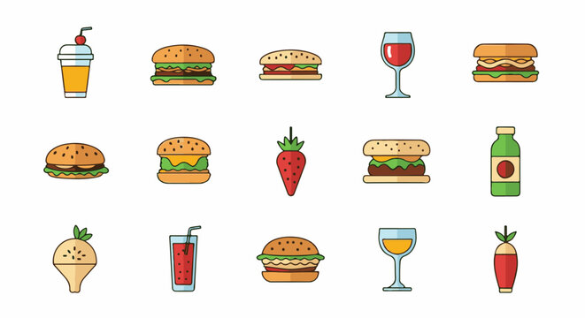 Collection of colorful flat-design icons representing fast food and drinks