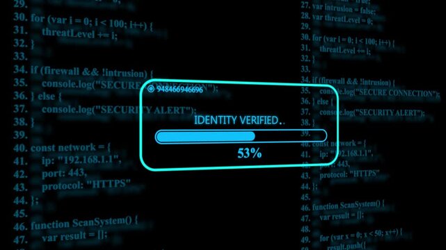 Digital interface showing a blue glowing identity verified notification box with a loading bar and computer code background for cybersecurity concepts