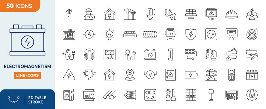 Electromagnetism line editable icon set. Containing electrical energy, electricity meter, electric cable, electrical panel, and more. Editable stroke. Vector illustration