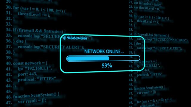 Network online text displayed on a digital screen with blue computer programming code background and a loading bar showing thirty one percent progress