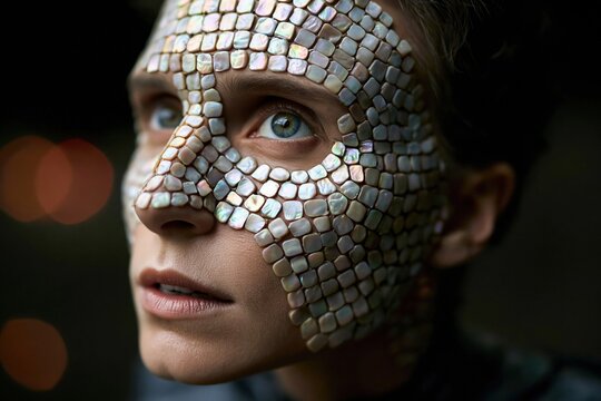 Conceptual portrait of a woman with iridescent face scales