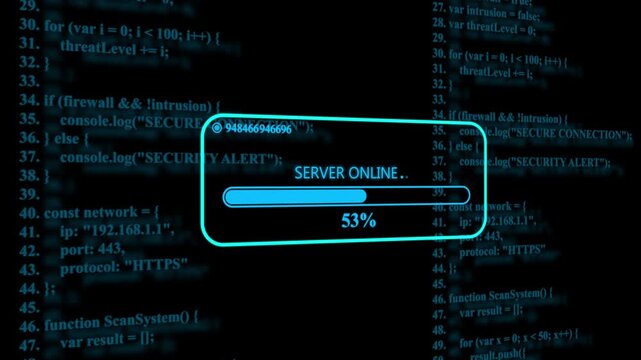 Glowing blue server online status bar overlaying computer programming code on a dark background showing a thirty one percent loading progress indicator