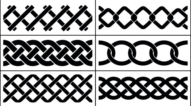 Black celtic knot patterns six variations in flat vector line art