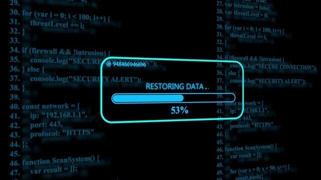 Restoring data status bar with thirty one percent loading progress displayed over scrolling computer code on a dark blue digital screen background