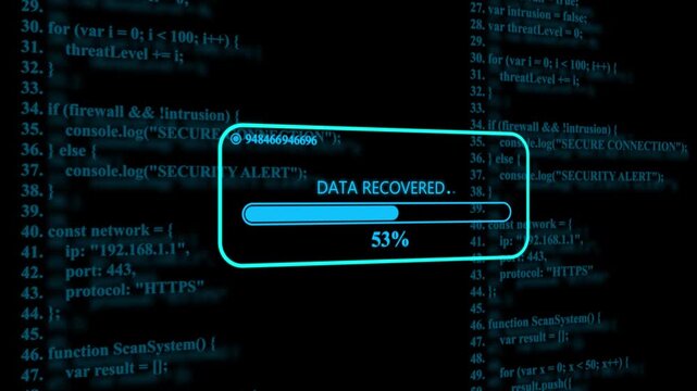 Data recovered status bar with thirty one percent loading progress displayed over scrolling computer code on a dark blue digital screen background