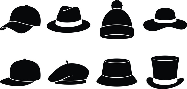 Hats and caps black silhouettes collection featuring baseball cap beanie fedora beret bucket hat and top hat
