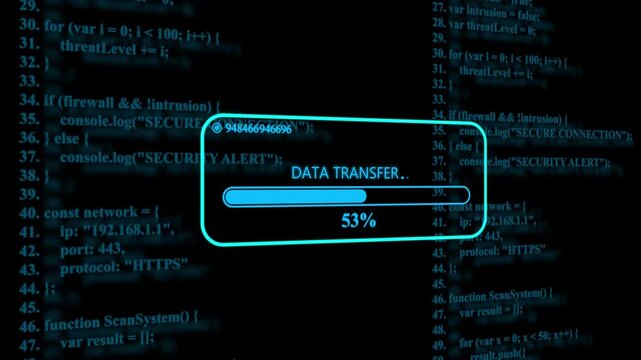 Blue data transfer progress bar overlaying lines of computer programming code on a dark background showing thirty one percent completion status