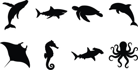 Sea animals and marine life black silhouettes collection featuring whale shark turtle dolphin and octopus © MdMenhajul