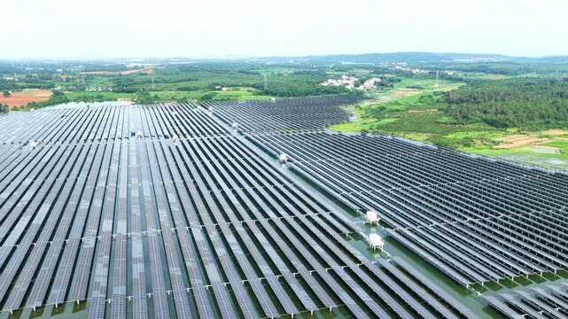 Aerial view of fishery-solar complementary photovoltaic power station on water