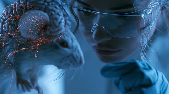 Research scientist observing a mouse brain model with glowing neural pathways and subtle DNA overlays in a lab, cool blue lighting, close-up composition, thoughtful scientific mood.