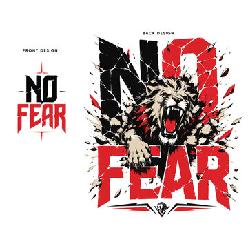 Oversized typography "NO FEAR" with shattered glass effect, roaring lion emerging through broken text