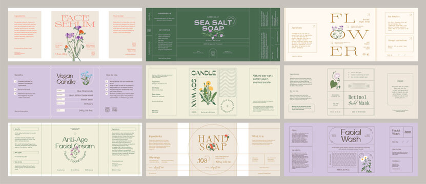 Whimsical beauty and cosmetics label collection featuring hand-drawn ink botanical sketches. Ideal for branding, packaging, and identity design.