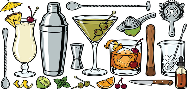 Cocktail And Bartending Tools Vector Illustration Set Featuring Shaker Martini Glass Jigger Muddler And Classic Drinks For Bar Menu Design