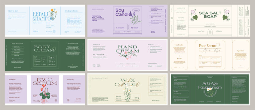 Whimsical beauty and cosmetics label collection featuring hand-drawn ink botanical sketches. Ideal for branding, packaging, and identity design.