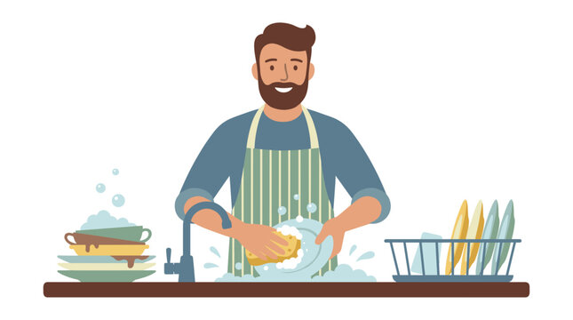 Man washing dishes with a sponge in a kitchen sink with soap bubbles and clean dishes
