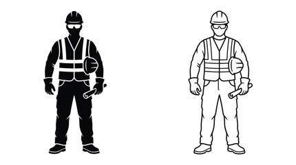 Obraz premium Construction worker silhouette illustration black and white vector graphic