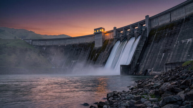 Hydroelectric dam releasing water through spillway at dusk