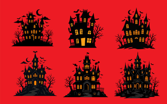 Halloween Haunted House Silhouette Black Mansion with Orange Glowing Windows Vector"