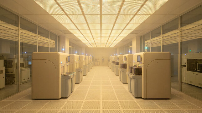 Automated semiconductor production line inside a modern cleanroom facility
