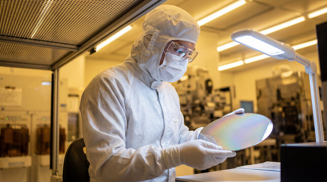 Cleanroom technician inspecting a silicon wafer in a semiconductor fabrication facility