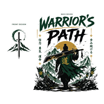 Warrior walking through mountains carrying giant blade, bold typography saying "WARRIOR'S PATH"
