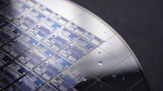 Silicon wafer with integrated circuits prepared for semiconductor chip production