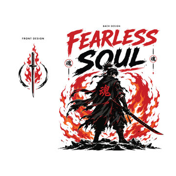 Anime warrior surrounded by stylized flames, large typography saying "FEARLESS SOUL"