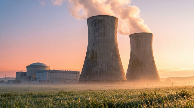 Cooling towers releasing steam at a nuclear power plant during sunrise