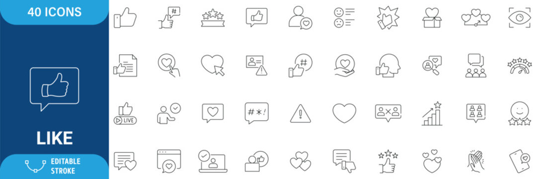 Like icon set. Like icon set containing thumbs up, favorite, liked,  appreciation, affirmative, validation and more. line Icon. Vector illustration. Editable stroke
