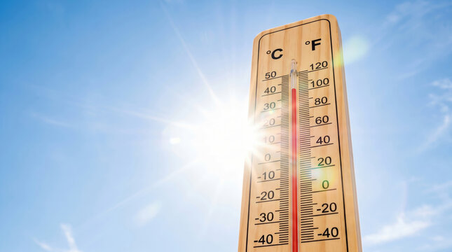 Heatwave risk climate hot summer sky wooden thermometer outdoor sunshine glare high temperature warning. Warming hazard emergency. climate change warning, temperature drought, weather hot summer