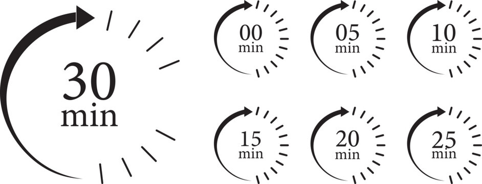 Black countdown timer icon set featuring 0, 5, 10, 15, 20, 25, and 30 minute circular arrow symbols,  back  ground  and colarful timer