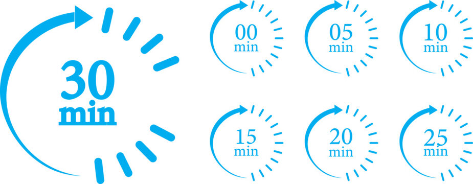Black countdown timer icon set featuring 0, 5, 10, 15, 20, 25, and 30 minute circular arrow symbols,  back  ground  and colarful timer