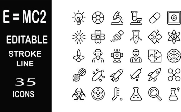Science and Technology Icons: A collection of 35 editable stroke line icons representing various scientific and technological concepts, including E=MC&sup2;, lightbulb, microscope, atom, rocket, and DNA.