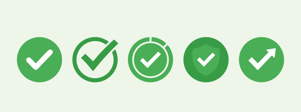 Green check mark and tick icon set for approved checklist and secure protection