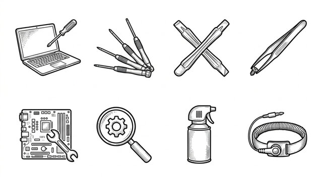 Tools and office supplies collection.
