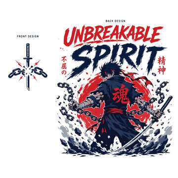 Anime-style fighter breaking chains while holding sword, bold typography saying "UNBREAKABLE SPIRIT"
