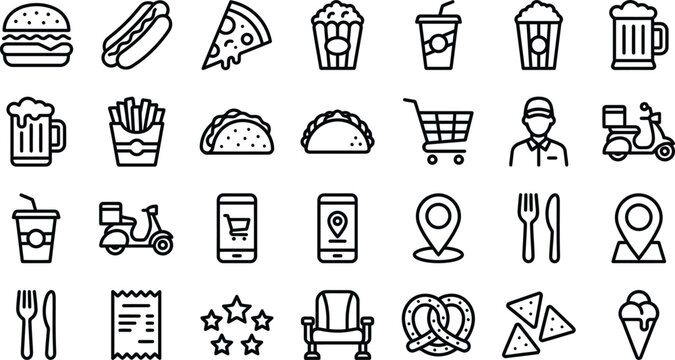Vector line icon set of online food ordering fast food delivery tracking restaurant menu items movie theater concessions and takeaway meals dashboard widgets