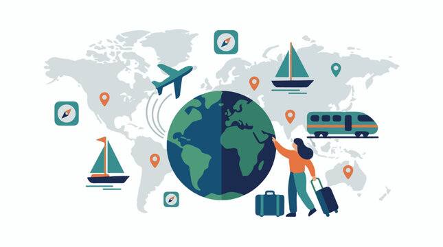 Global travel with planes trains ships and luggage around Earth