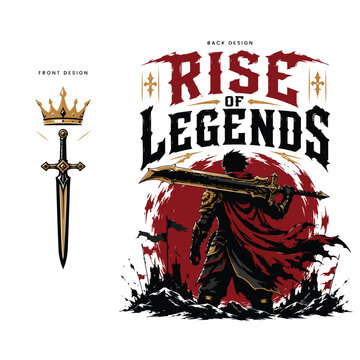  Legendary warrior holding giant blade over shoulder, bold typography saying "RISE OF LEGENDS"