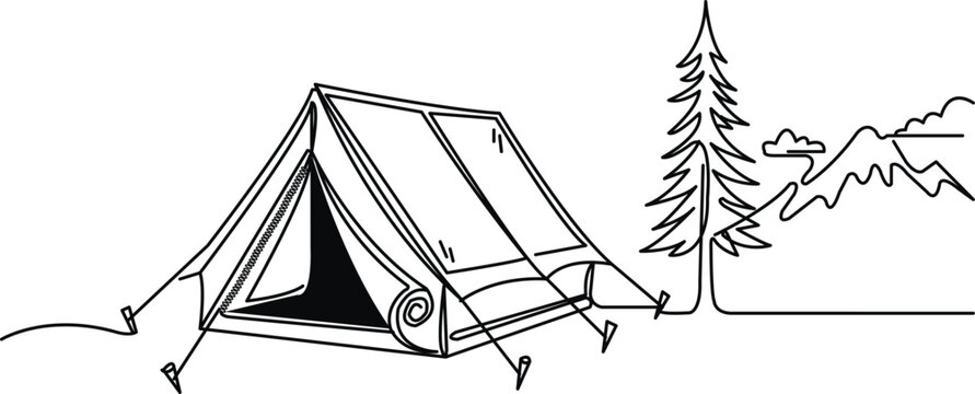 Simple line art camping tent with entrance flap and ground line
