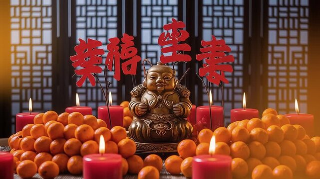 Golden Laughing Buddha figurine among mandarins and red candles against Chinese calligraphy backdrop &mdash; symbol of luck, prosperity, and Lunar New Year