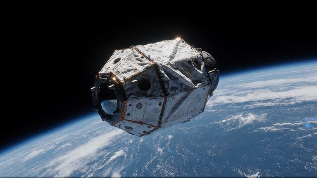 Futuristic Space Station Module Orbiting Above Earth in Deep Space Cinematic View