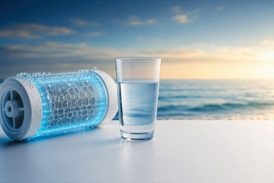 Biomimetic membrane filter glowing blue with crystalline droplets and glass of purified water beside ocean golden hour desalination sustainable water technology innovation