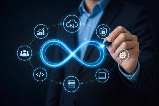 Businessman drawing glowing blue infinity symbol with cloud, security, DevOps and continuous integration icons representing DevOps lifecycle and cloud native transformation strategy visual