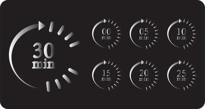Black countdown timer icon set featuring 0, 5, 10, 15, 20, 25, and 30 minute circular arrow symbols,  back  ground  and colarful timer
