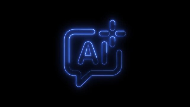 Neon blue AI chat bot icon with glowing lines and plus sign