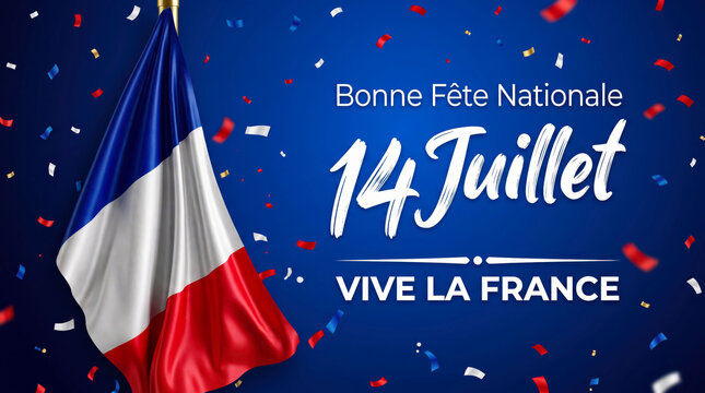French flag waving with 14 july celebration confetti background