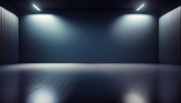 a dark empty room with a simple minimalist design featuring two spotlights on the ceiling and a smooth reflective floor