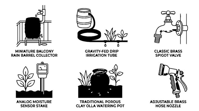 Set of Gardening and Irrigation Equipment Line Art Icons.