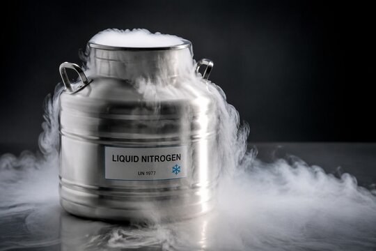 A stainless steel tank releasing a slow cascade of white cold mist across its metallic surface.